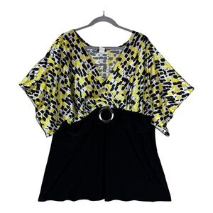 Banabee Blouse Womens 3X Multicolor Black Yellow V Neck Kimono Tunic Top